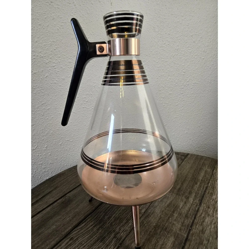 Vintage Inland Glass Copper Rose Gold Accent Coffee Carafe W/Stand MCM Retro